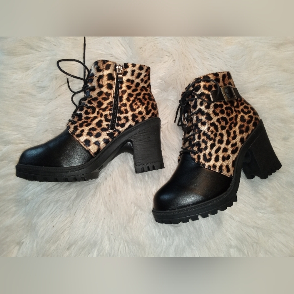 Leopard Print Ankle Boots with Black Accents